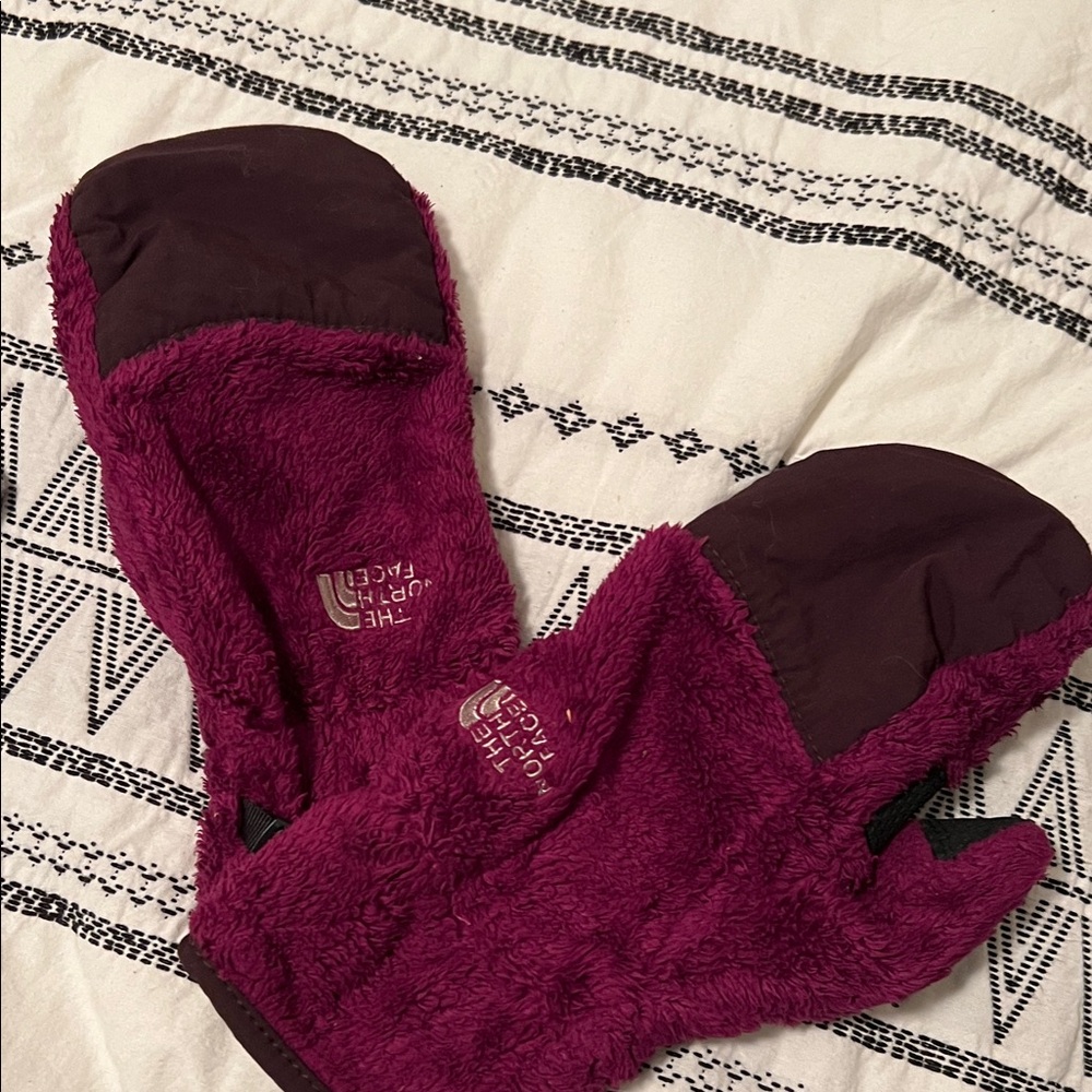The North Face Fleece Mittens in Magenta and Dark Brown